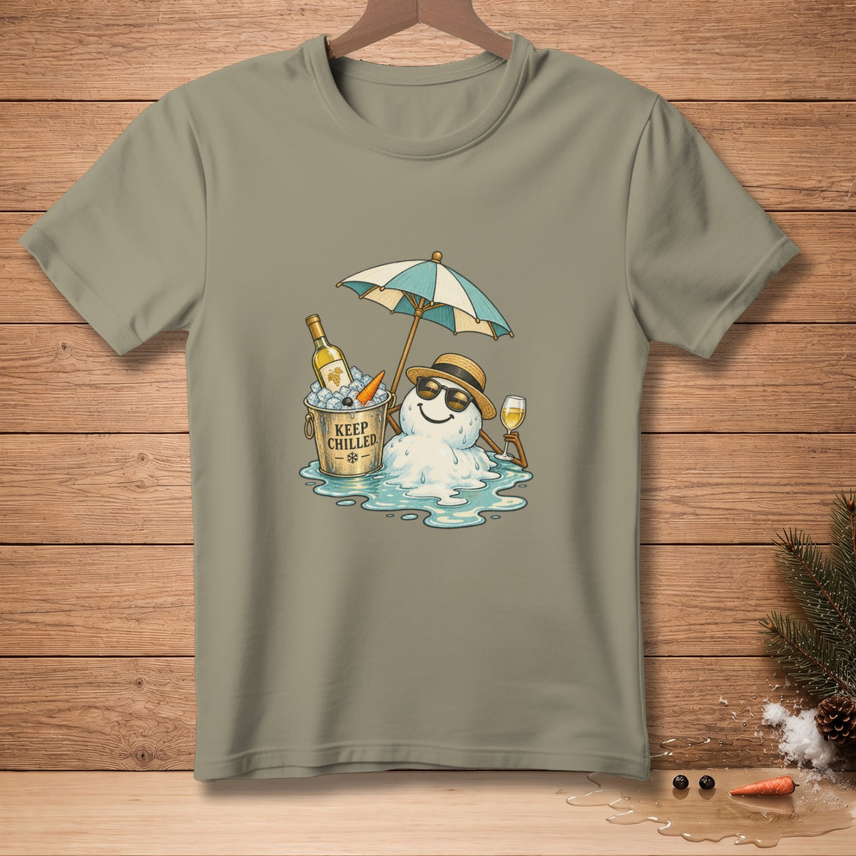 A melting snowman wears sunglasses and a hat, holding a drink under an umbrella next to a bucket labeled "Keep Chilled."
