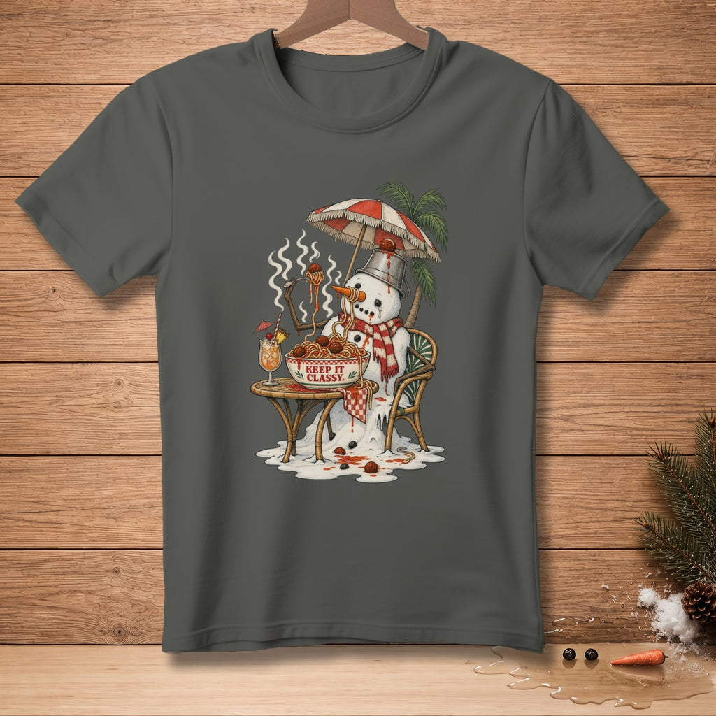Melting snowman eating spaghetti under umbrella with "KEEP IT CLASSY" text.