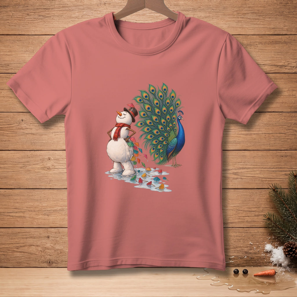 Snowman with umbrella-shaped leaves and a peacock on a pink t-shirt.