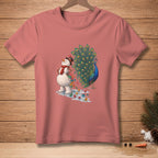 Snowman with umbrella-shaped leaves and a peacock on a pink t-shirt.