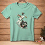Mint t-shirt with a graphic of a snowman bowling a ball with "FOLLOW THROUGH" text.