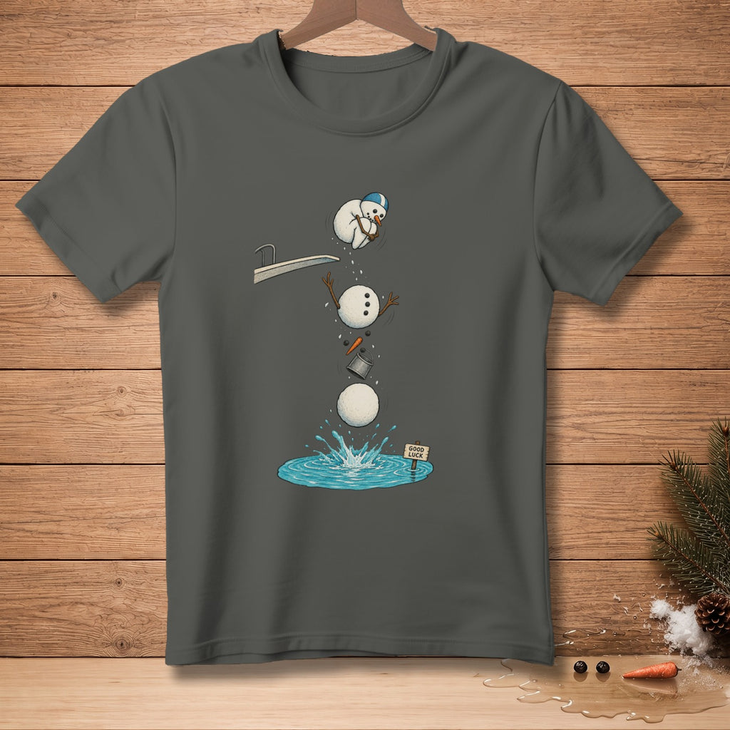 Snowman diving off diving board into water with "Good Luck" sign.