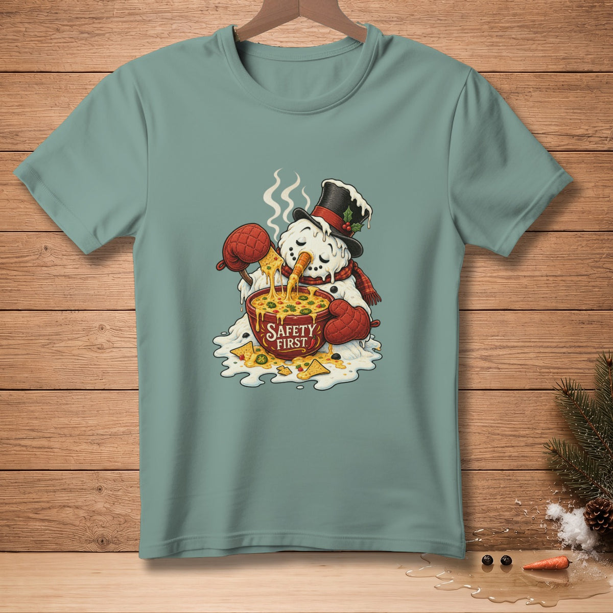 Snowman melting into cheese dip with "Safety First" bowl and nachos.