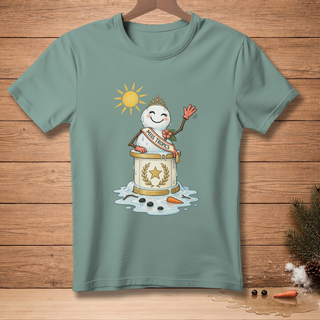 Snowman wearing a crown and "Miss Tropics" sash, melting under the sun.