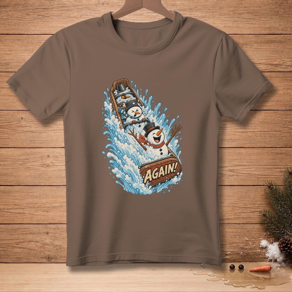 Snowmen in a wooden boat with the word "AGAIN!" in splashing water.