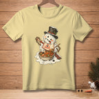 Snowman in a hat and scarf eating stew from a bowl, with "Hot Stuff" on bib.