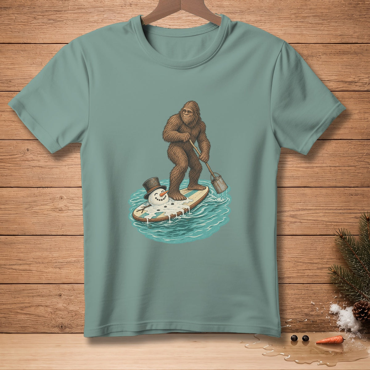 Bigfoot paddleboarding with a melting snowman on a surfboard.