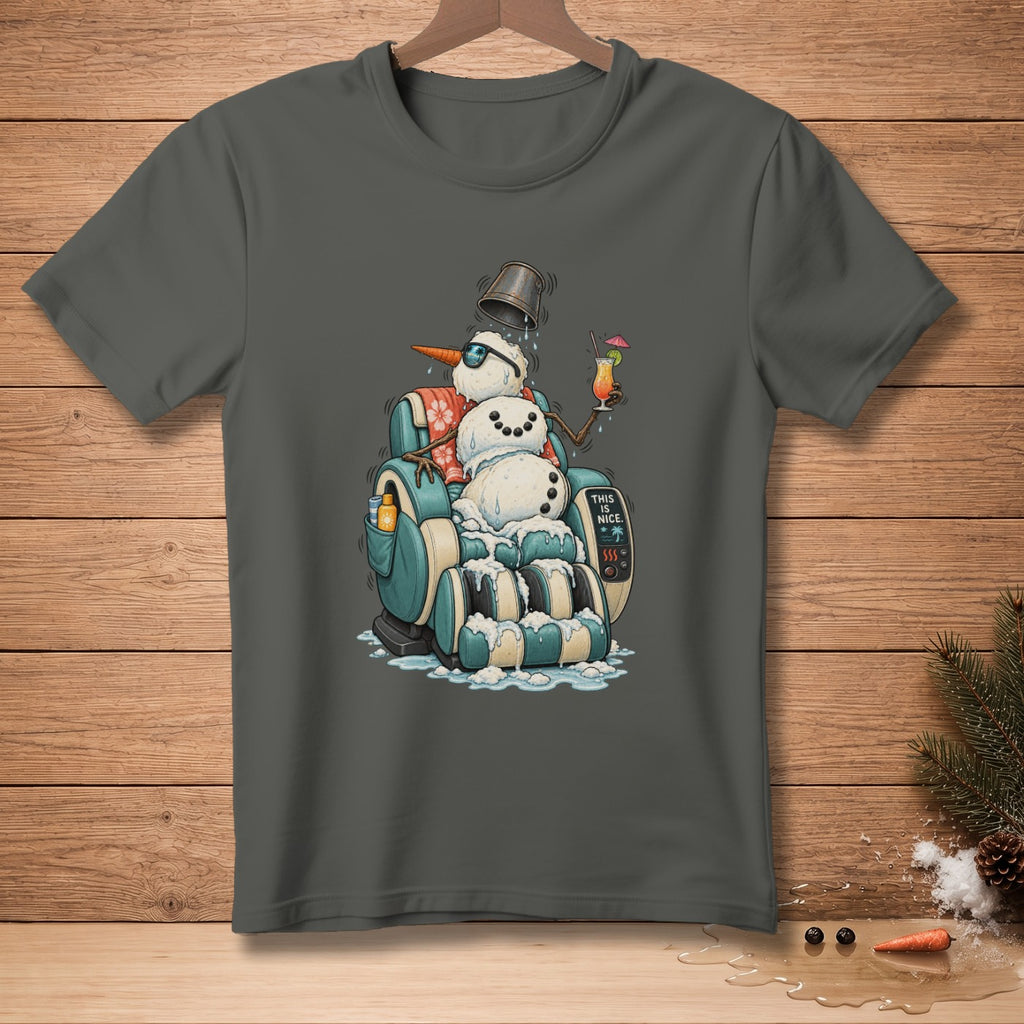 Snowman in a massage chair with sunglasses, holding a drink. Text "THIS IS NICE."