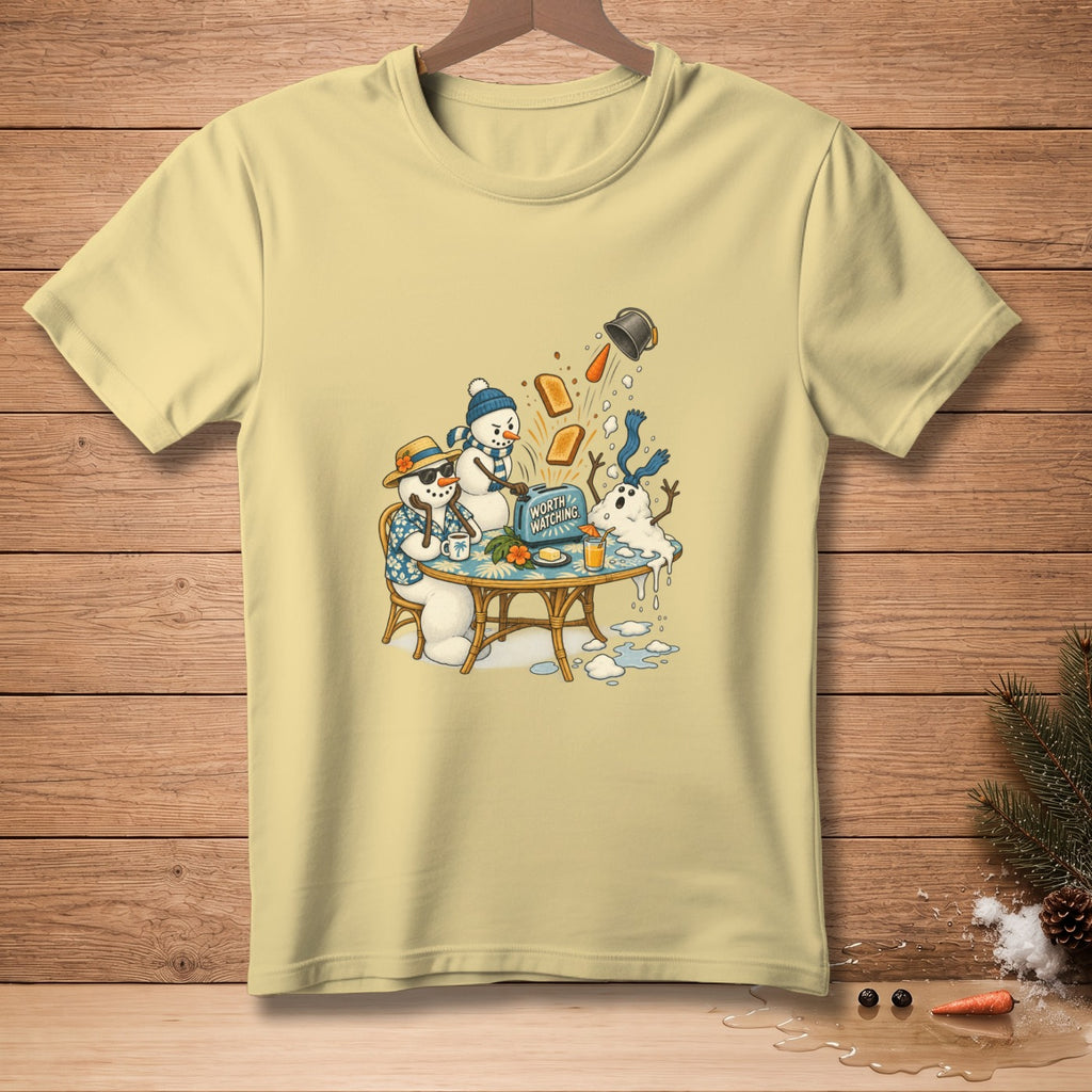 Snowmen at a table with a toaster ejecting toast and carrots.