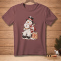 Snowman wearing a top hat and scarf eats a donut next to a "No Mess Bakery" bag.