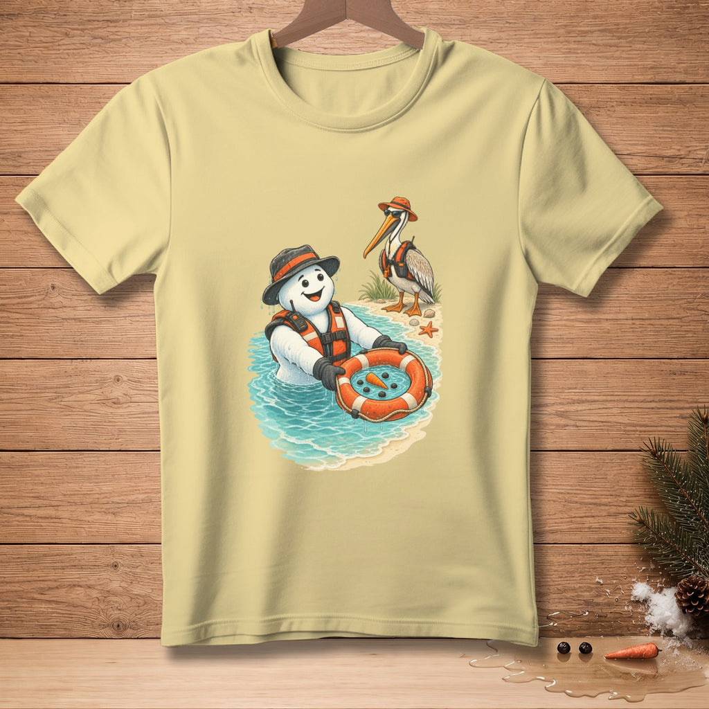 Snowman in life vest and hat floats with life preserver beside a pelican on a beach.