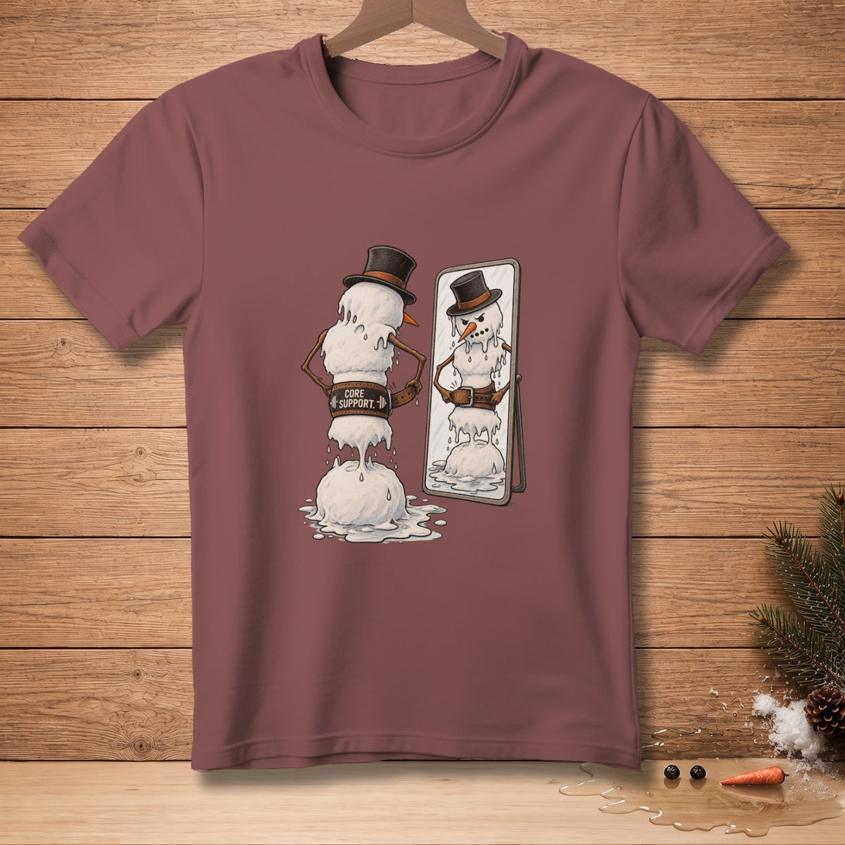 Melting snowman with "Core Support" belt looks in mirror.