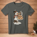 Melting snowman eating a cinnamon roll with "NO REGRETS" text.