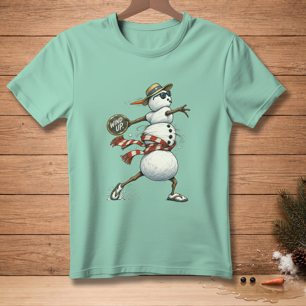Mint t-shirt with snowman graphic holding a "Wind Up" racket.
