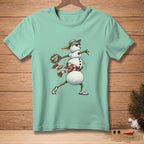 Mint t-shirt with snowman graphic holding a "Wind Up" racket.