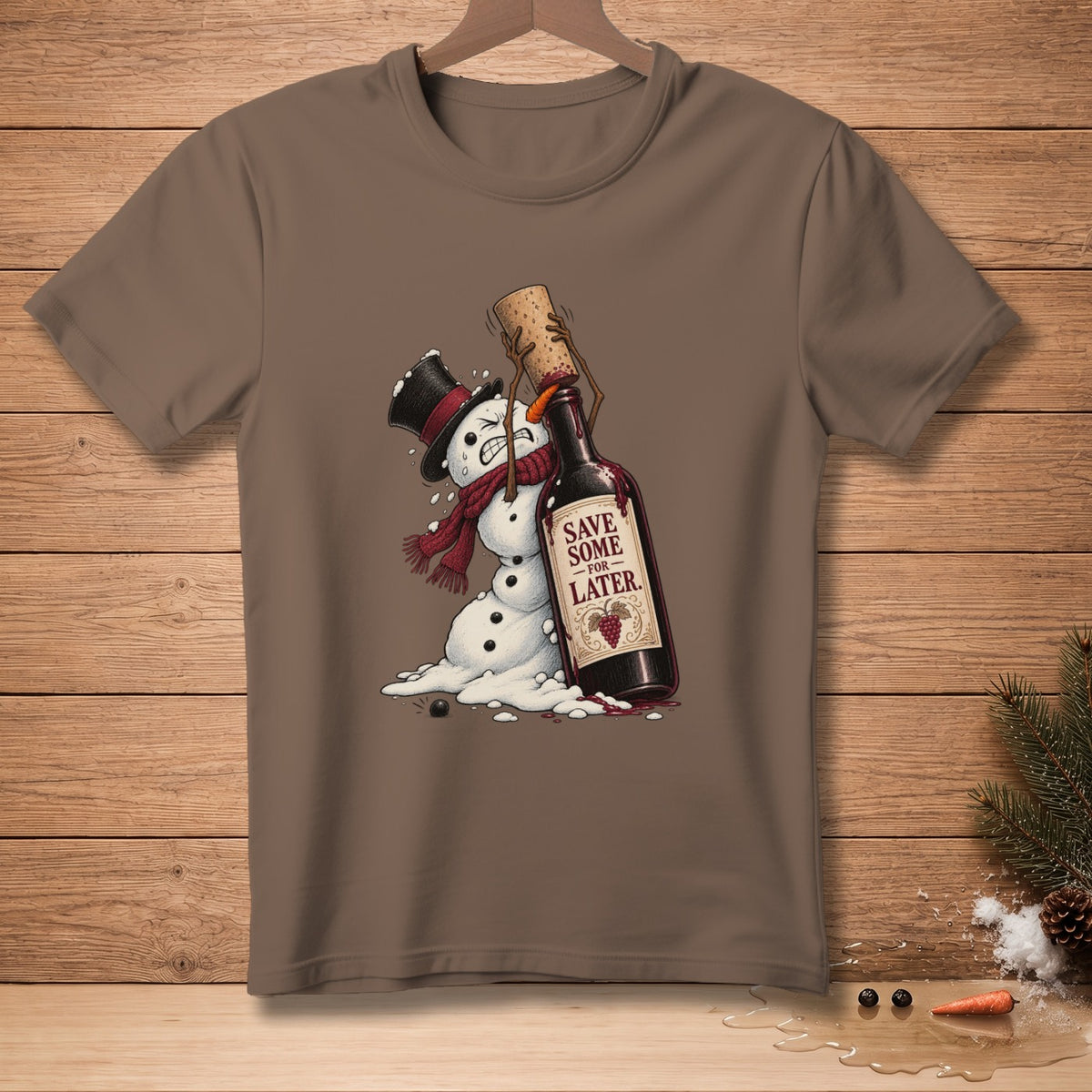 Melting snowman in a hat and scarf struggles to cork a wine bottle labeled "SAVE SOME FOR LATER."