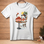 Melting snowman in a hat eating spicy chicken wings with a palm tree.