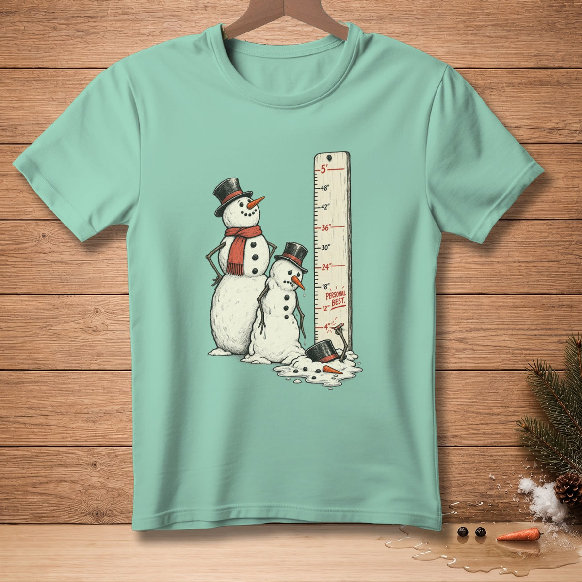 Two snowmen stand beside a ruler marked "Personal Best" and height measurements.