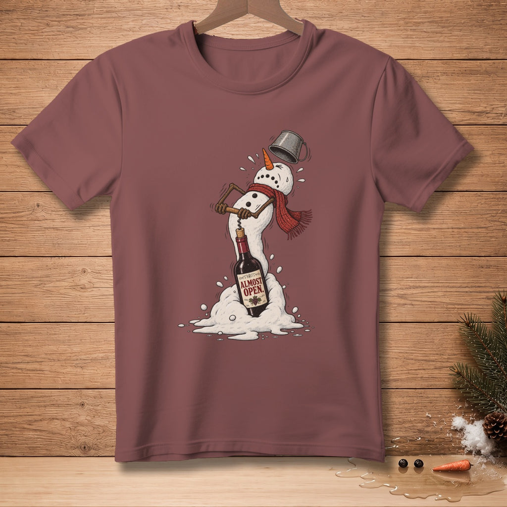 Snowman struggling to open wine bottle with text "Almost Open".