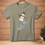 Snowman in top hat playing hopscotch on a light blue court with numbers 5, 6, 7, and 8.