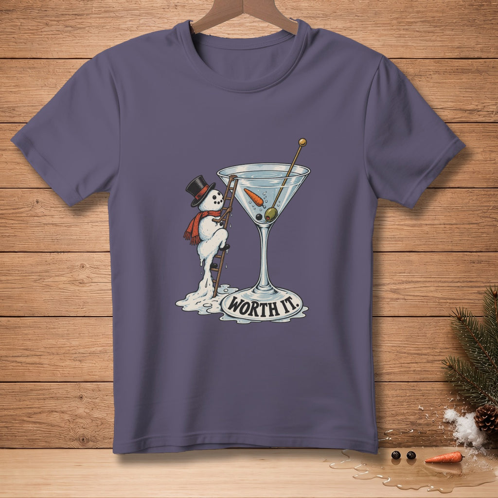 Snowman climbing ladder into martini glass with olives and carrots, text "WORTH IT."