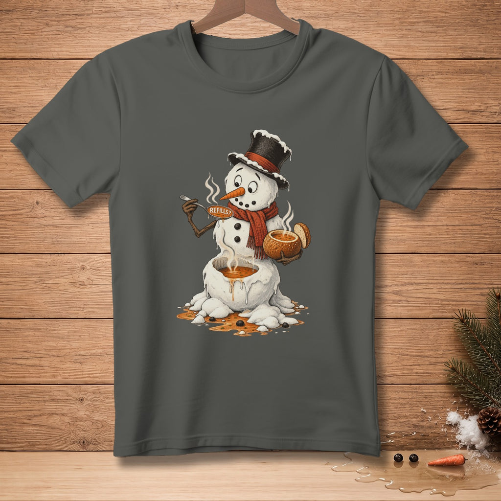 Melting snowman with a hat, scarf, and a spoon that says "REFILLS?".