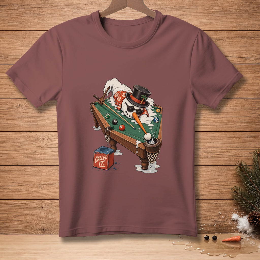 Snowman in top hat playing billiards, "Called It." chalk box on maroon t-shirt.