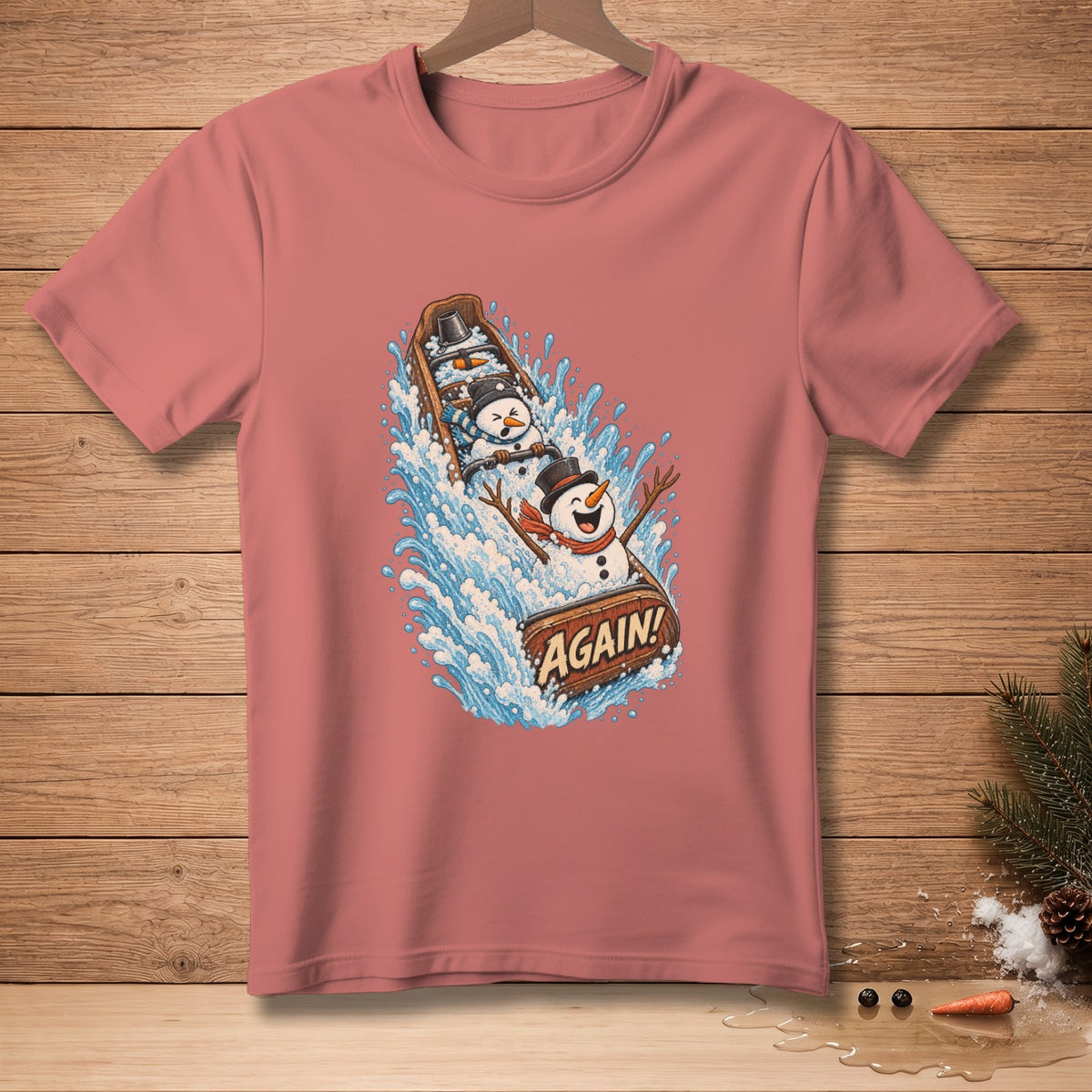 Snowmen in a boat splash down with text "AGAIN!"
