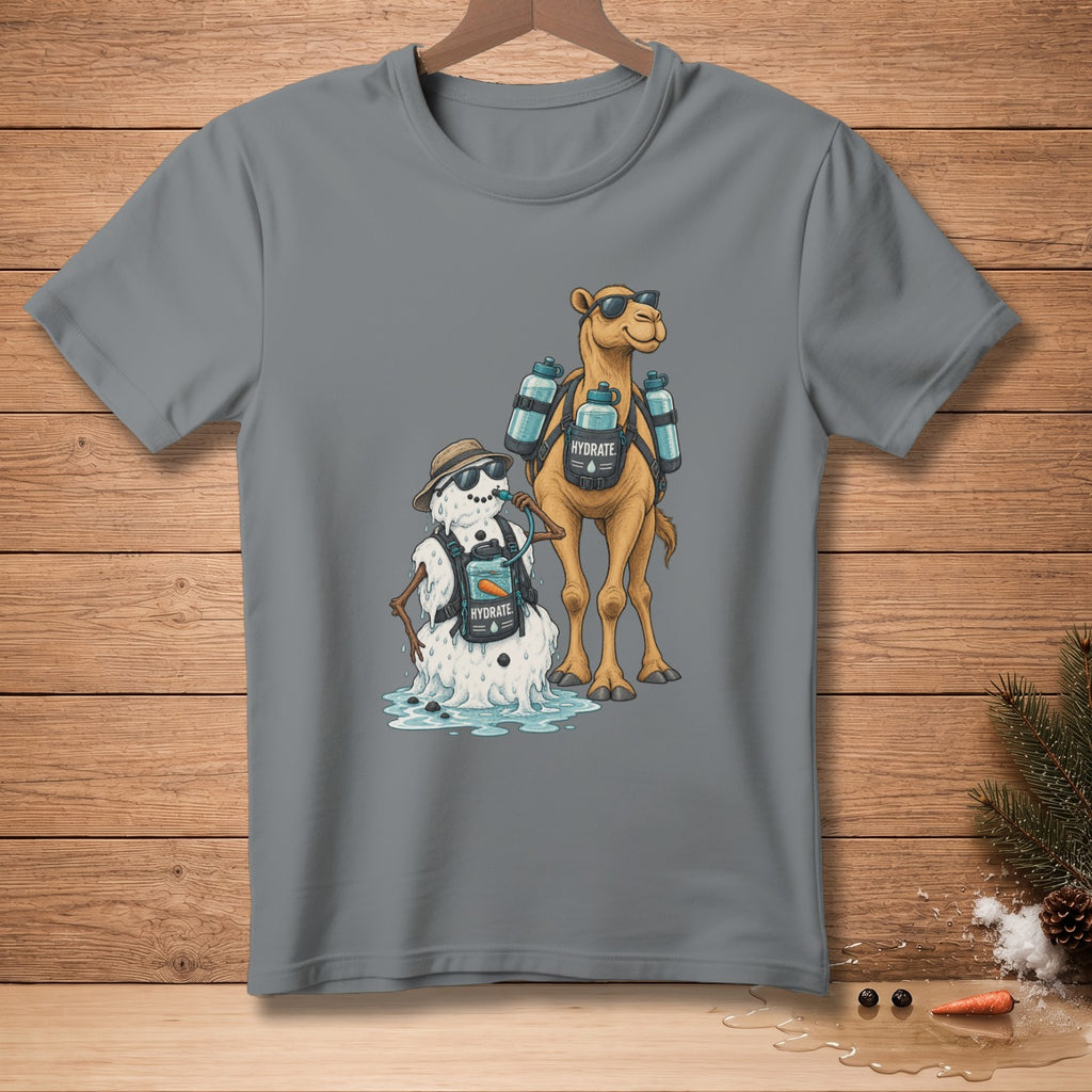 Camel and melting snowman with hydration packs and text "HYDRATE" on shirt.
