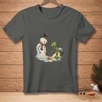 Melting snowman with top hat and scarf meets alien next to UFO.