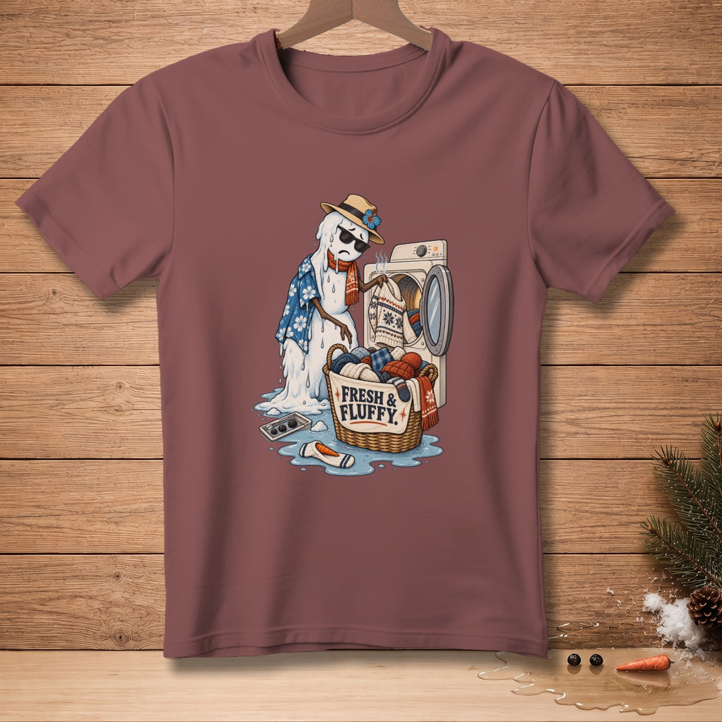 Melting snowman in Hawaiian shirt, sunglasses, and scarf doing laundry with "Fresh & Fluffy" basket.