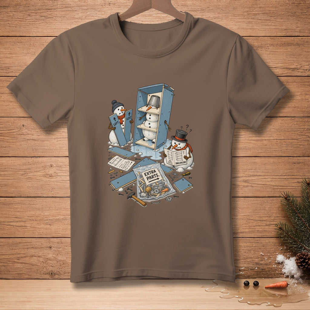 Snowmen assemble a shelf with extra parts and instructions, melting on a wooden background.