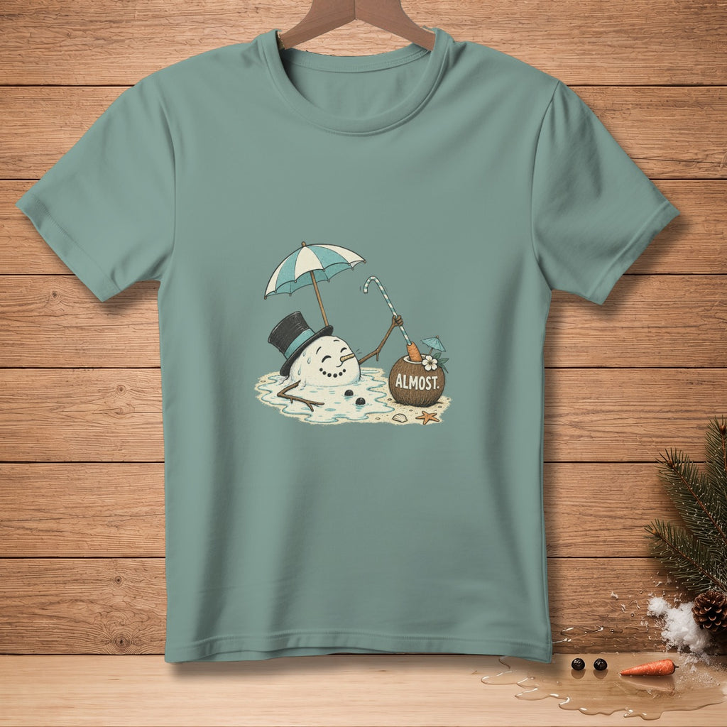Melting snowman under umbrella with coconut drink and "ALMOST" text.