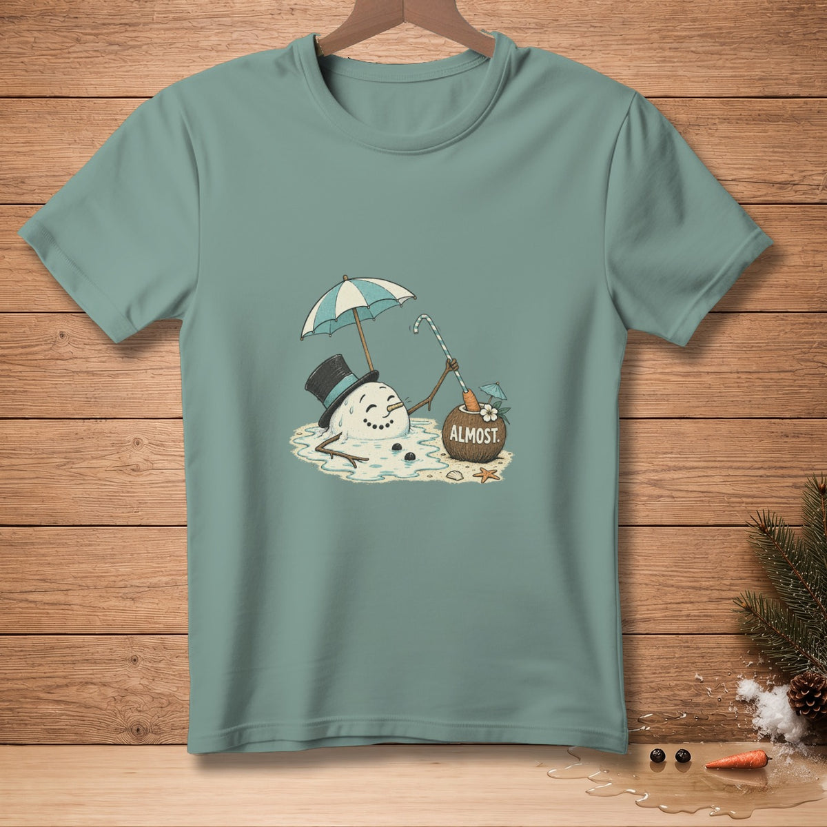 Melting snowman under umbrella with coconut drink and "ALMOST" text.