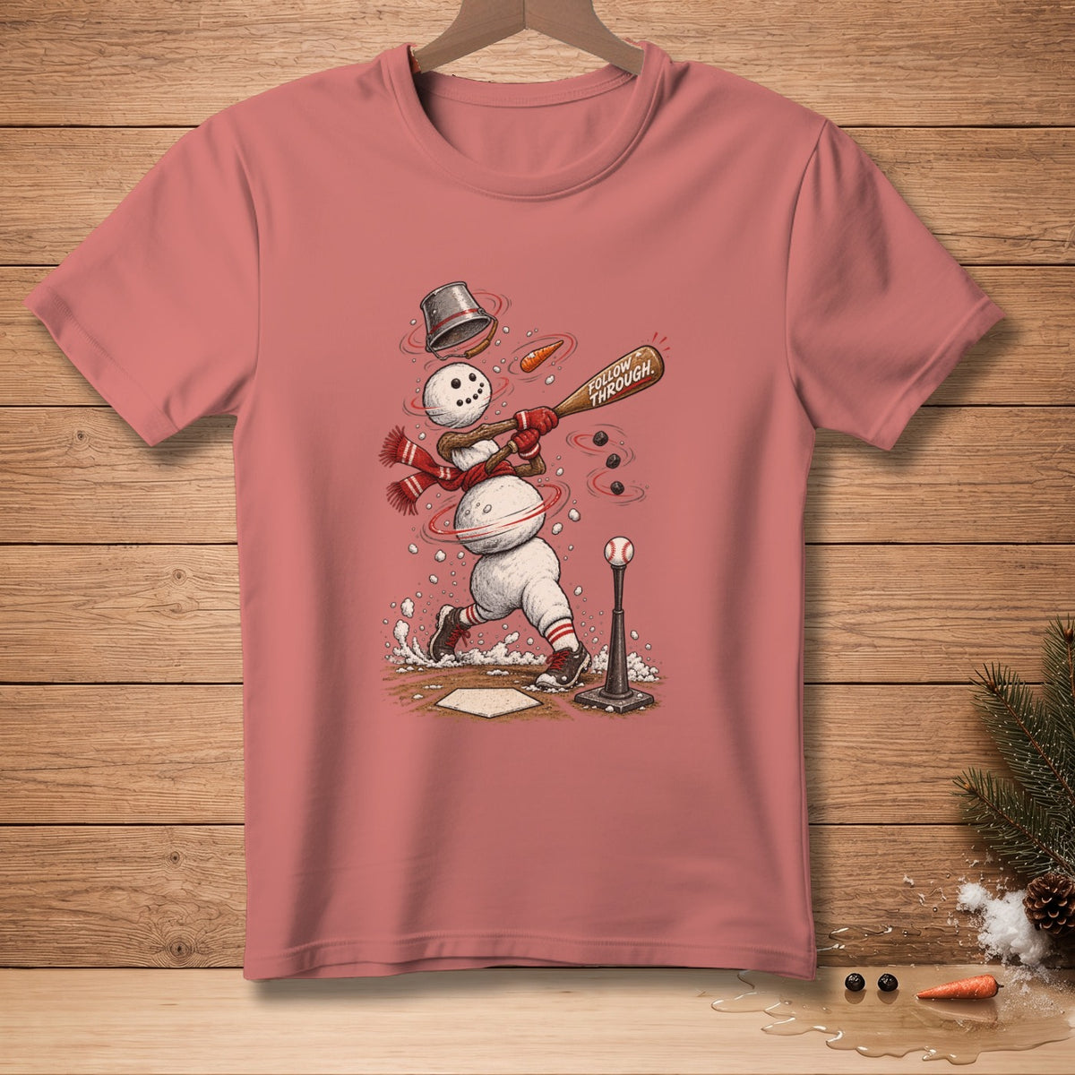 Snowman playing baseball, swinging a bat with text "FOLLOW THROUGH".