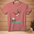Snowman on a swing with "SEND IT." text, jumping into water.