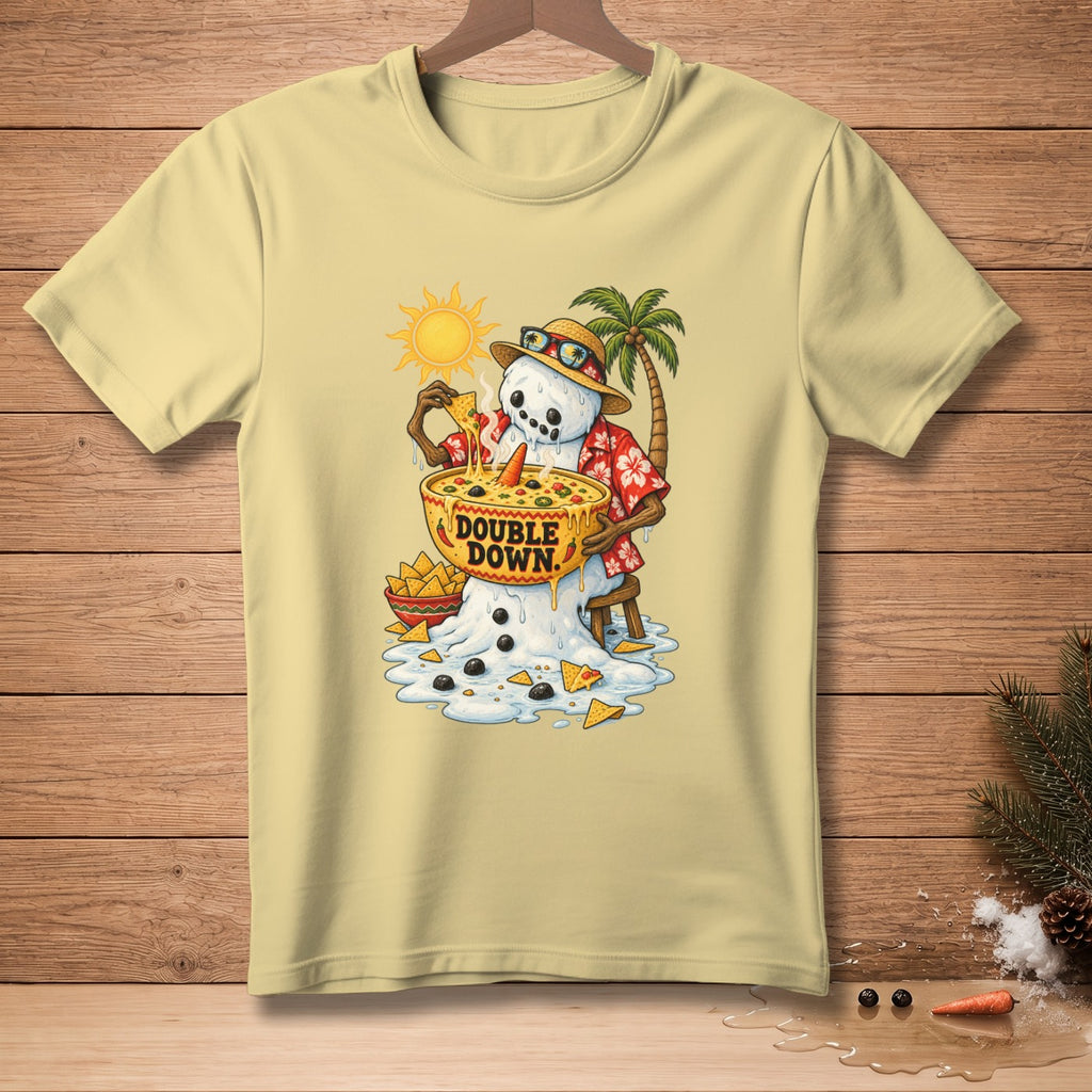 Melting snowman in Hawaiian shirt eating nachos with "Double Down" text.