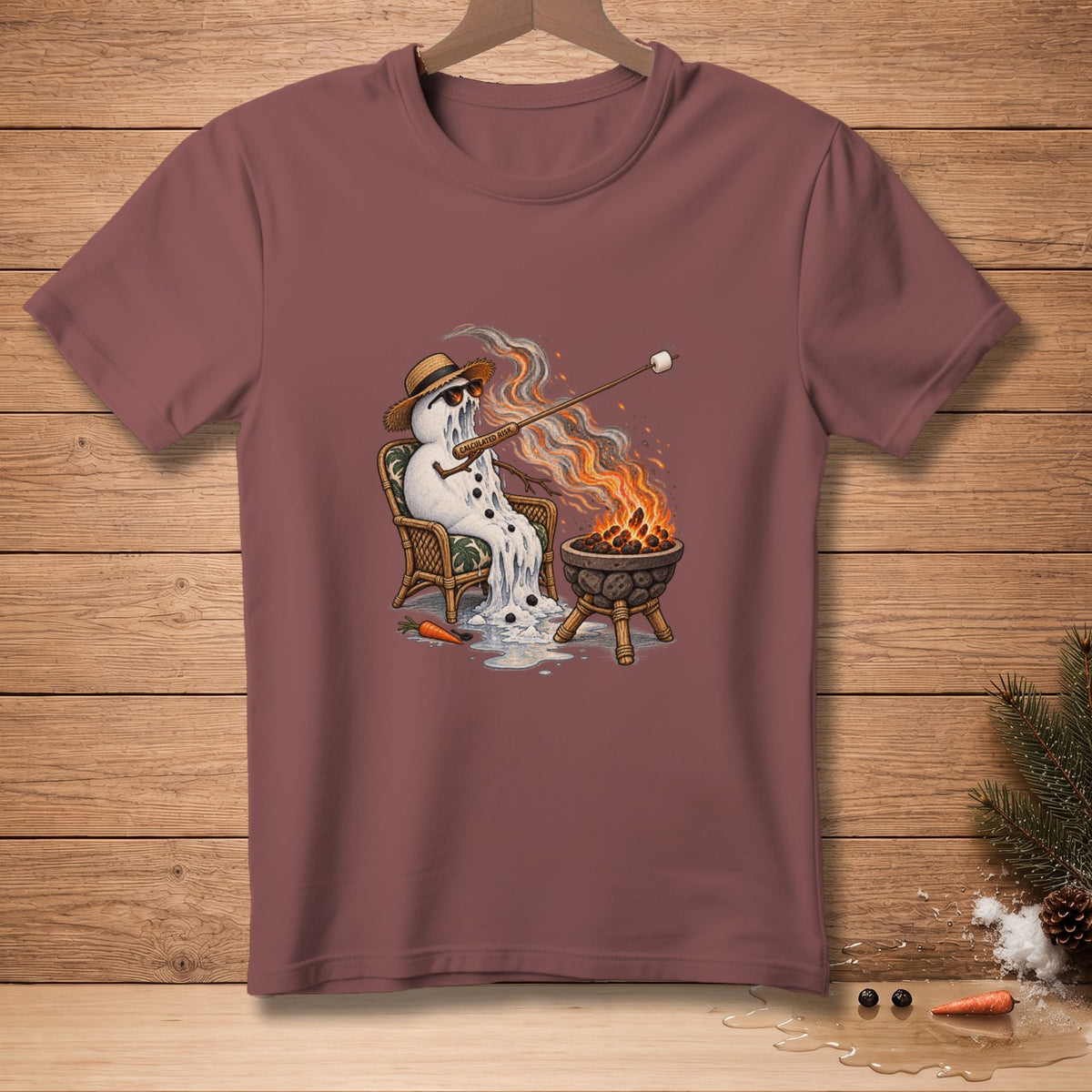 Melting snowman with marshmallow by campfire, wearing sunglasses and hat, text "CALCULATED RISK".
