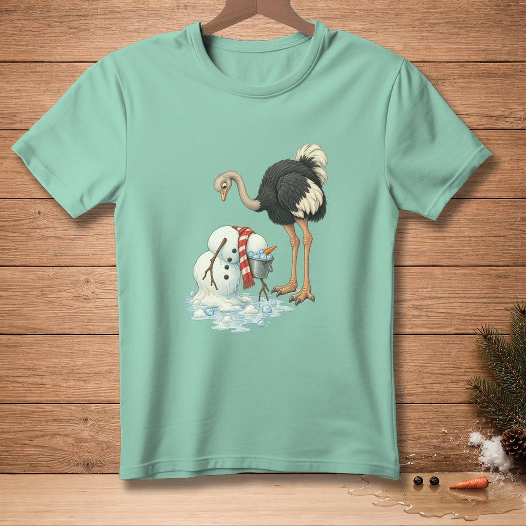 Ostrich with scarf attempts to build a melting snowman with ice bucket and carrot.
