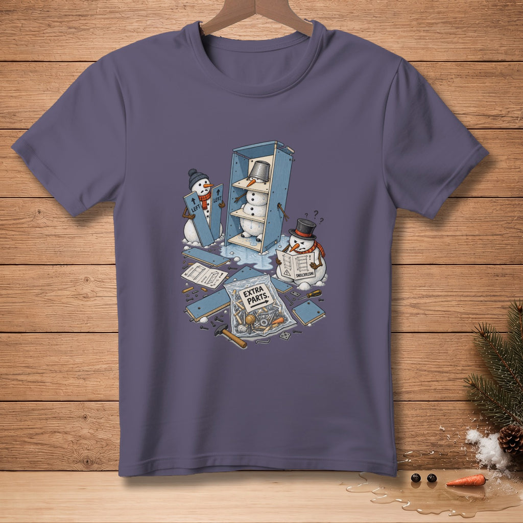 Snowmen assembling furniture with instructions and extra parts.