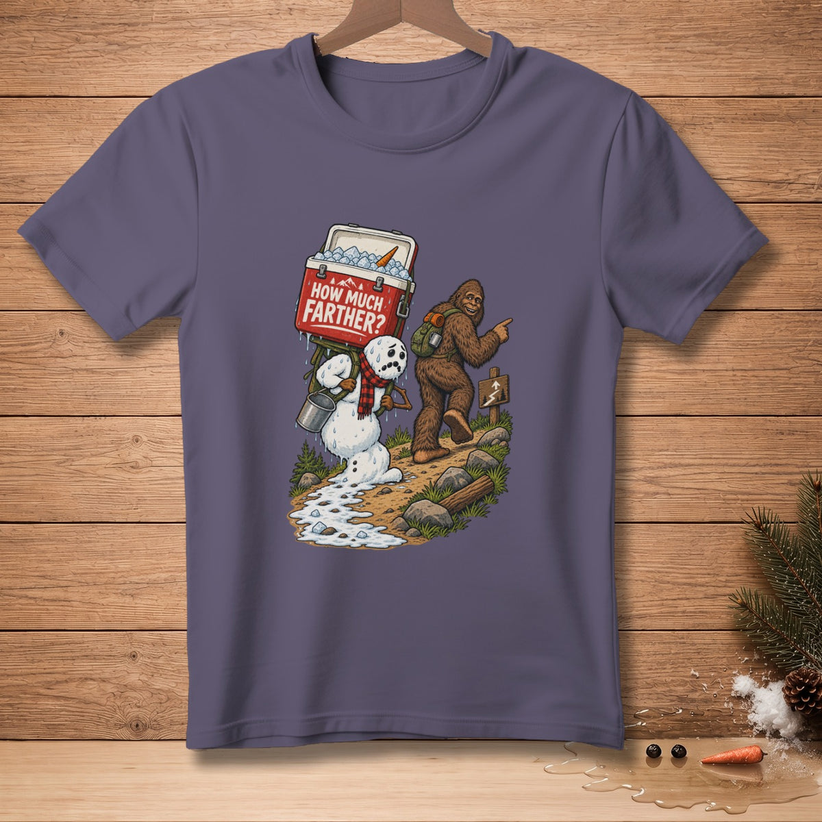Bigfoot points while a melting snowman carries a cooler that reads "How Much Farther?".