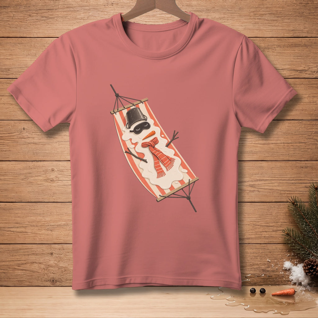 Melting snowman in a hammock with a scarf and bucket hat.