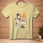 Snowman melts while sitting at a table with a flaming baked Alaska dessert.