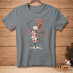 Melting snowman in a hat and scarf, ribbon dancing, holding a carrot.