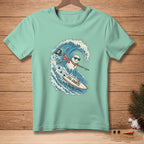 Snowman surfing a wave on a surfboard with text "STILL COUNTS."