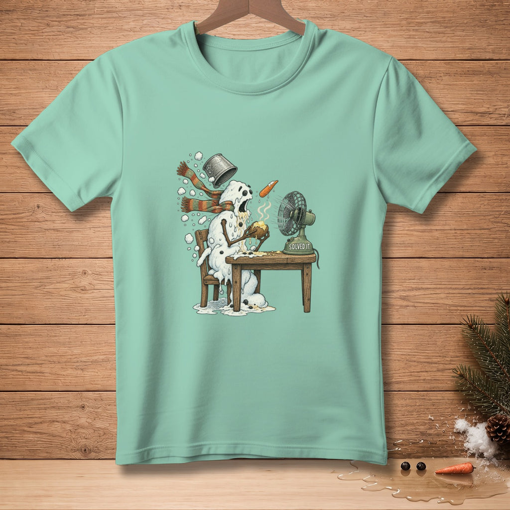 Melting snowman sits at a table with a fan, a carrot, and text "SOLVED IT".