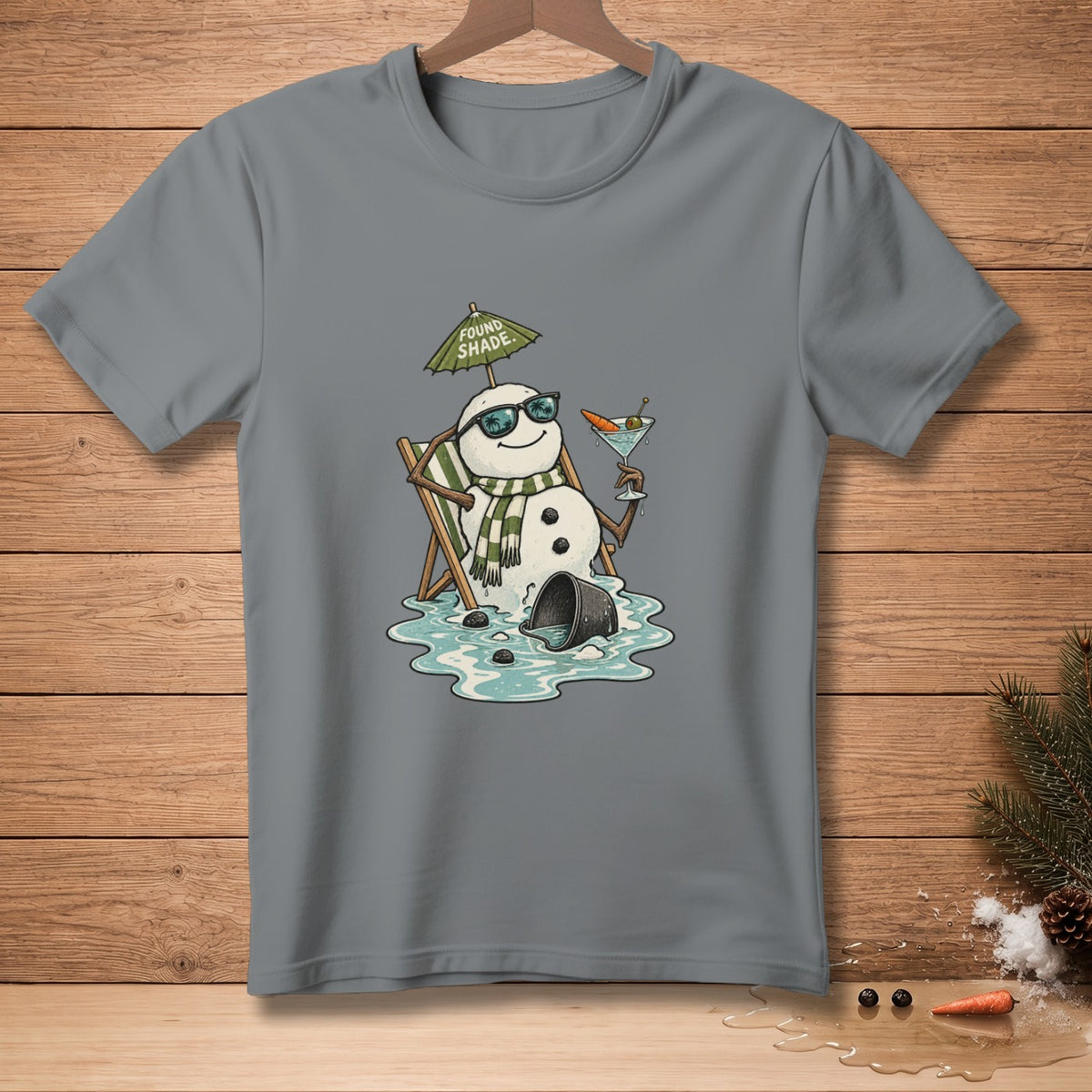 Melting snowman in sunglasses and scarf relaxes in a lounge chair with a drink.