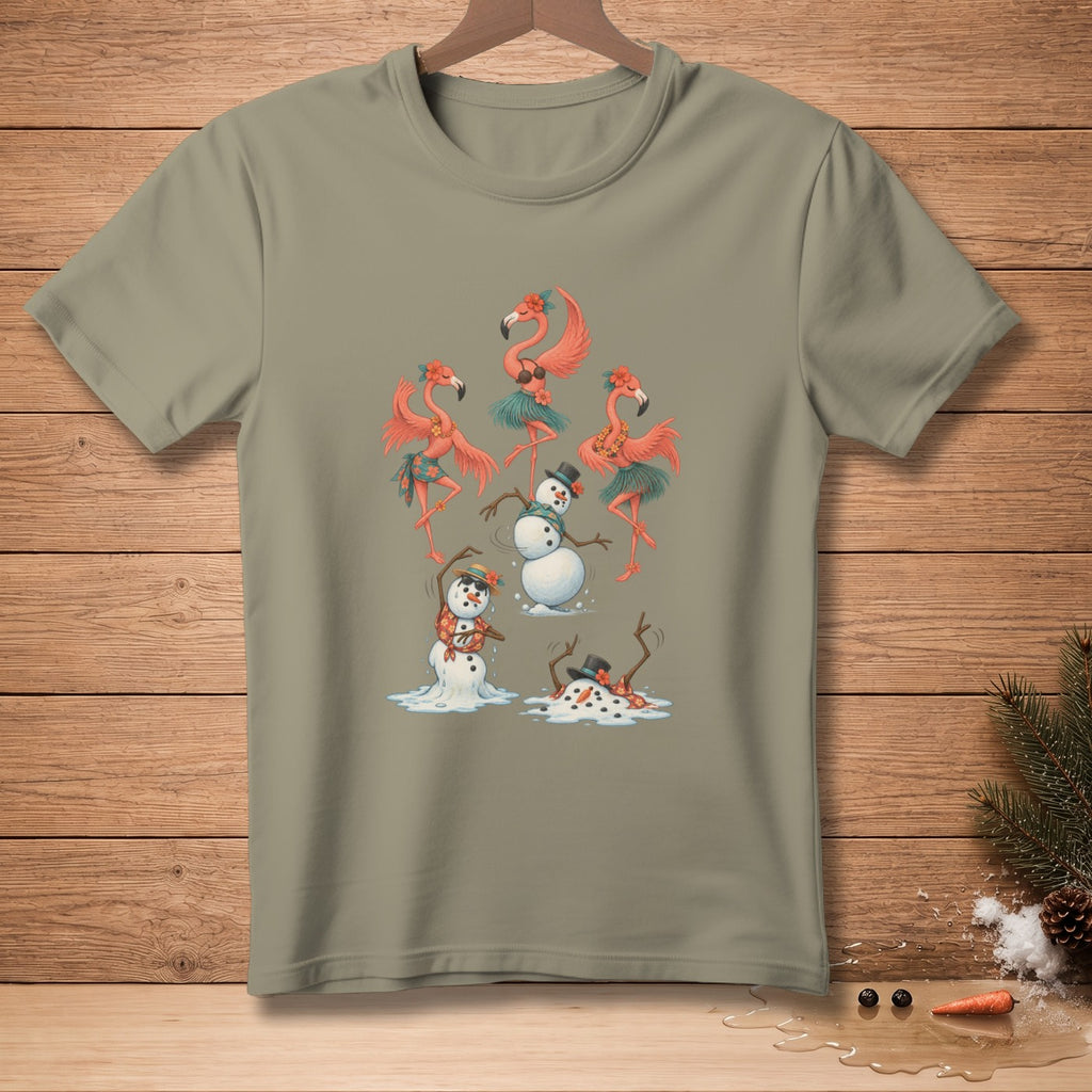 Flamingos and snowmen dancing and melting on a t-shirt graphic.