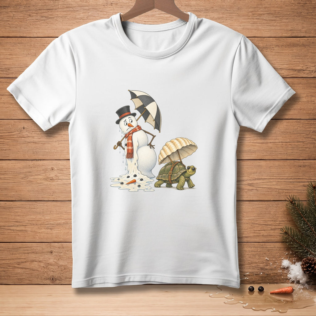 Melting snowman under umbrella with tortoise carrying a parasol.
