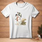 Melting snowman under umbrella with tortoise carrying a parasol.